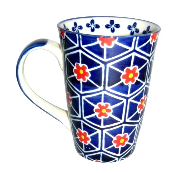 Hand-Painted Yokohama Studio Ceramic Mug Blue Geometric Red Floral Vtg 16 Oz - Picture 1 of 6
